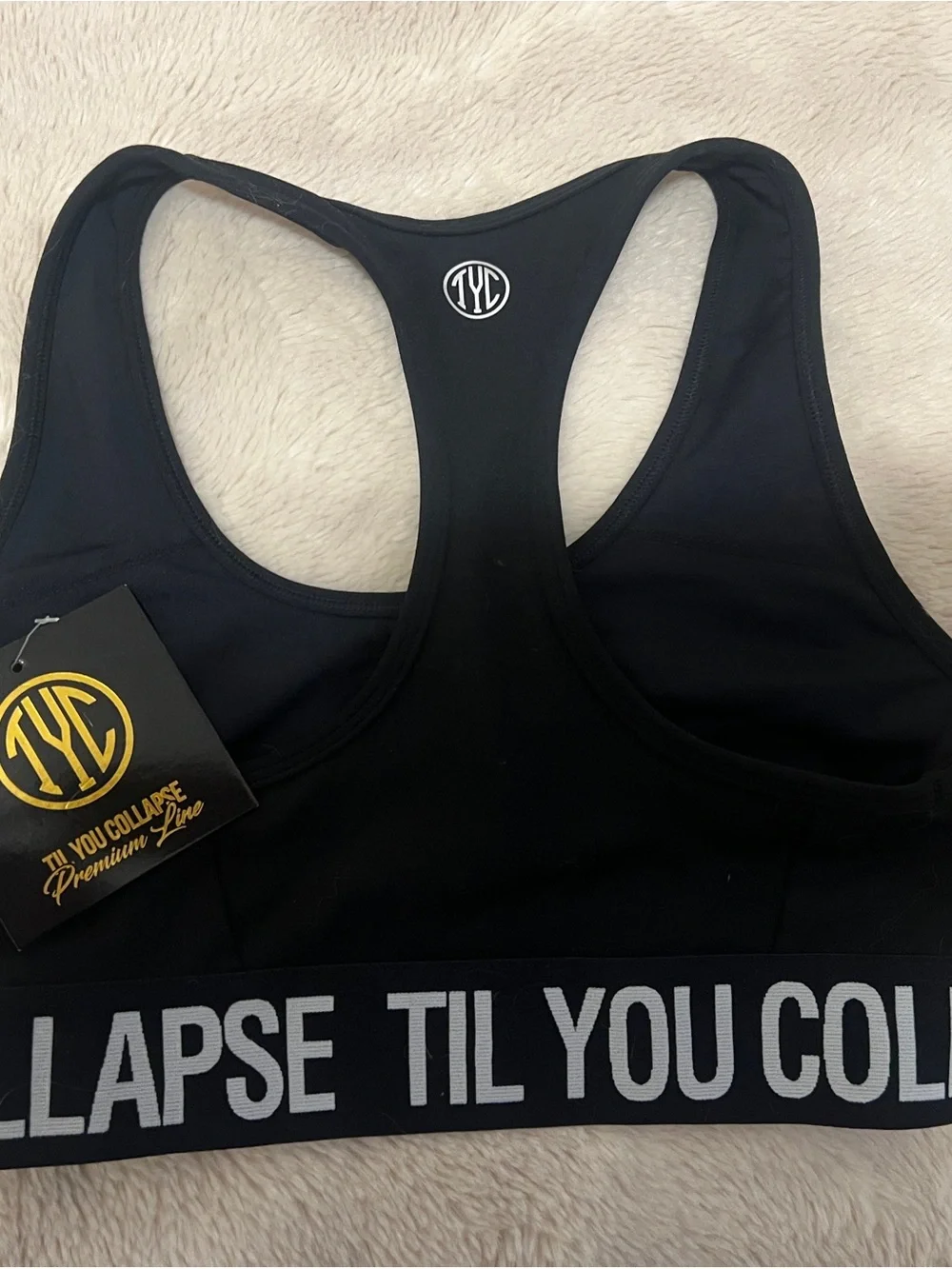 Til You Collapse Black Racerback Sports Bra with Logo Band
